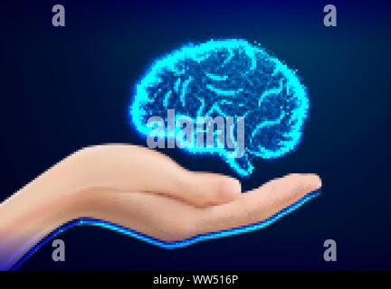 Closeup of female hand in doctors coat ponting or holding Human Brain. Medicine, healthcare and advertisement concept, Vector Illustration Stock Vector