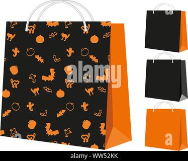 Set of shopping bags: black and orange, and with the Halloween pattern, vector illustration Stock Vector