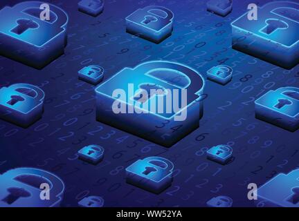 Isometric Lock, Padlock, Keyhole. Cyber security and information or network protection. Future cyber technology web services for business and internet Stock Vector