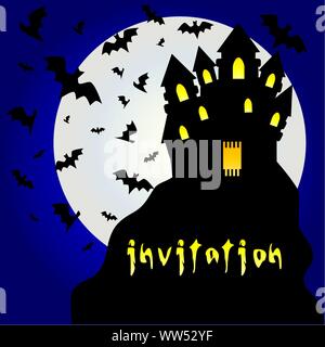Halloween invitation or halloween card with dracula dark castle with lights on rocks and bats and moon, with place for text, vector illustration Stock Vector