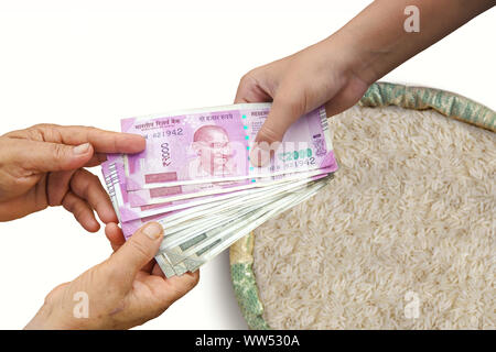 Hand Giving Indian 500 and 2000 Rupee Bank Notes over bag,Burlap full of Rice In Burlap Sack. Stock Photo