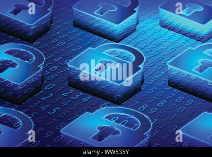 Isometric Lock, Padlock, Keyhole. Cyber security and information or network protection. Future cyber technology web services for business and internet Stock Vector