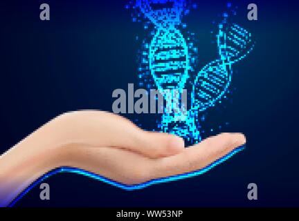 human hand holding genetic DNA helical molecule structure clinic ...
