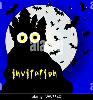 Halloween invitation or Halloween card with Dracula dark castle on rocks with bats and moon and big yellow eyes, with place for text, vector Stock Vector