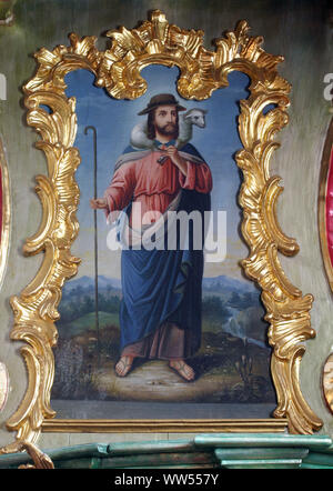 Jesus the good Shepherd, pulpit in the Church of Birth of Virgin Mary in Sveta Marija pod Okicem, Croatia Stock Photo
