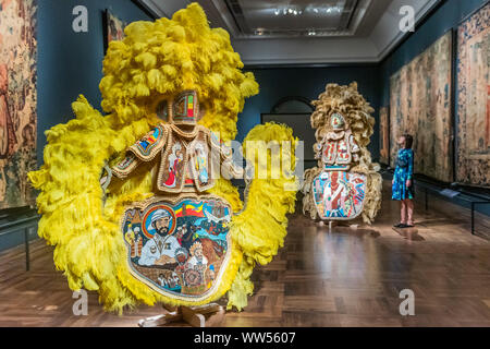 London, UK. 13th Sep, 2019. Black Masking Culture: Big Chief Demond Melancon of the Young Seminole Hunters puts Mardi Gras Indian suits on display for the first time outside the United States. - London Design Festival returns to the capital for its 17th year. The V&A Museum is the official Festival hub for the 11th year and plays host to a series of specially-commissioned projects by internationally-renowned designers. Credit: Guy Bell/Alamy Live News Stock Photo