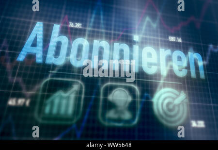 Subscribe "Abonnieren" German concept on a blue dot matrix computer display. Stock Photo