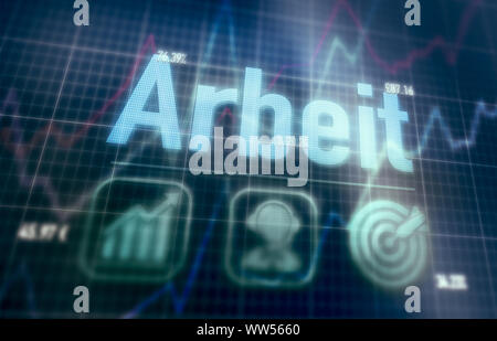 Job "Arbeit" German concept on a blue dot matrix computer display. Stock Photo