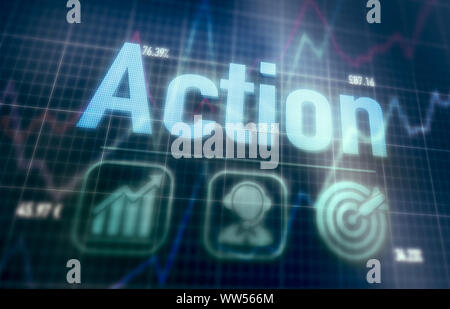 Action concept on a blue dot matrix computer display. Stock Photo