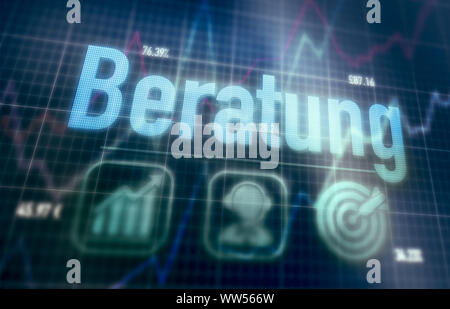 Consultation "Beratung" German concept on a blue dot matrix computer display. Stock Photo