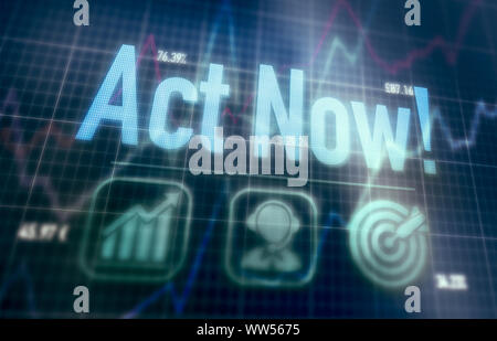 Act Now concept on a blue dot matrix computer display. Stock Photo