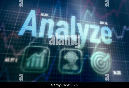 Analyze concept on a blue dot matrix computer display. Stock Photo
