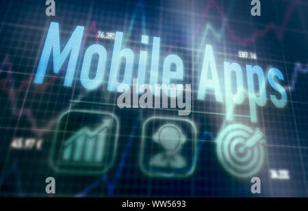 Mobile Apps concept on a blue dot matrix computer display. Stock Photo