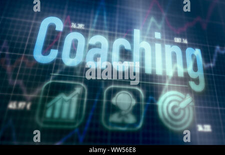 Coaching concept on a blue dot matrix computer display. Stock Photo