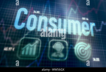 Consumer concept on a blue dot matrix computer display. Stock Photo