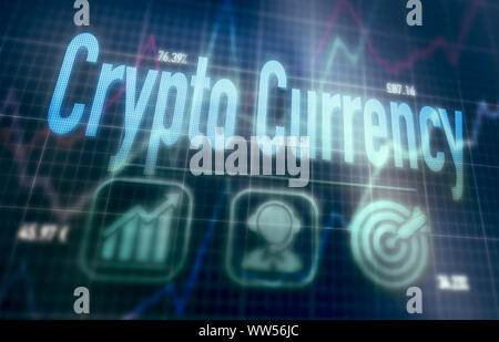 Crypto Currency concept on a blue dot matrix computer display. Stock Photo