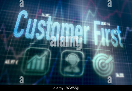Customer First concept on a blue dot matrix computer display. Stock Photo