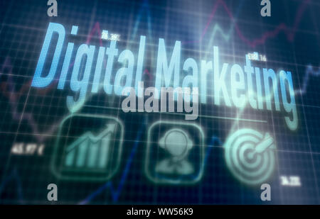 Digital Marketing concept on a blue dot matrix computer display. Stock Photo