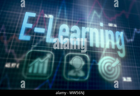 E-Learning concept on a blue dot matrix computer display. Stock Photo