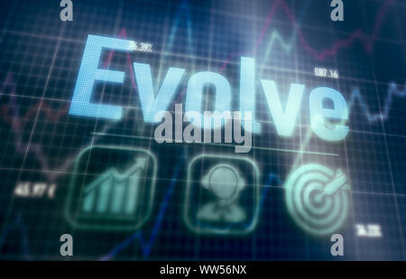Evolve concept on a blue dot matrix computer display. Stock Photo