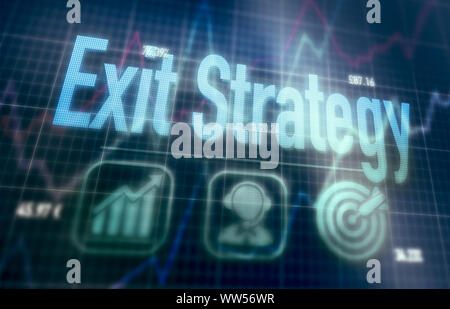 Exit Strategy concept on a blue dot matrix computer display. Stock Photo