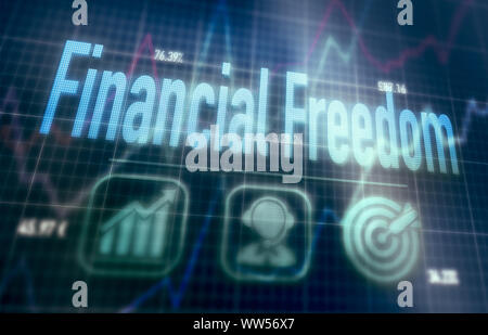 Financial Freedom concept on a blue dot matrix computer display. Stock Photo