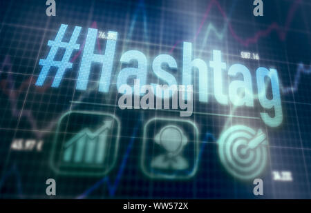 Hashtag concept on a blue dot matrix computer display. Stock Photo