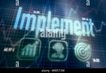 Implement concept on a blue dot matrix computer display. Stock Photo