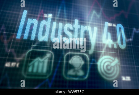 Indusrty 4.0 concept on a blue dot matrix computer display. Stock Photo