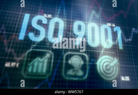 ISO 9001 concept on a blue dot matrix computer display. Stock Photo