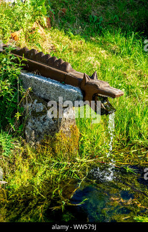 Fountain representing the Beast of Gevaudan, La Besseyre St Mary, Margeride, Haute-Loire department, Auvergne-Rhone-Alpes, France, Europe Stock Photo