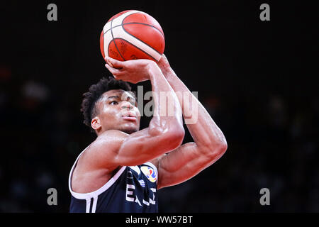 Greek professional basketball player for the Milwaukee Bucks of the National Basketball Association (NBA) Giannis Antetokounmpo jumps to score at the second round of Group K Czech vs Greece 2019 FIBA Basketball World Cup in Shenzhen city, south China's Guangdong province, 9 September 2019. Stock Photo