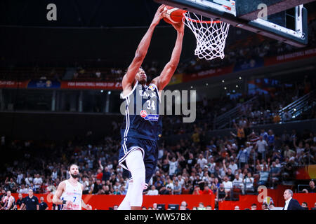 Greek professional basketball player for the Milwaukee Bucks of the National Basketball Association (NBA) Giannis Antetokounmpo jumps to score at the second round of Group K Czech vs Greece 2019 FIBA Basketball World Cup in Shenzhen city, south China's Guangdong province, 9 September 2019. Stock Photo