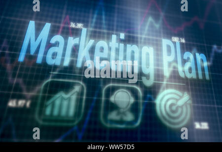Marketing Plan concept on a blue dot matrix computer display. Stock Photo