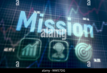 Mission concept on a blue dot matrix computer display. Stock Photo