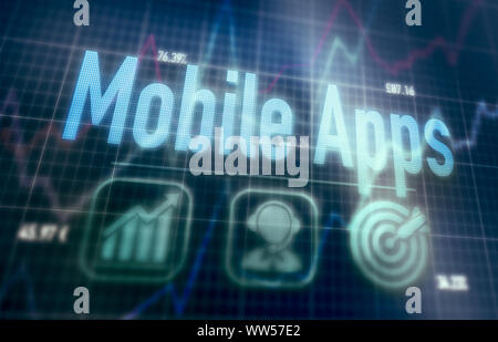 Mobile Apps concept on a blue dot matrix computer display. Stock Photo