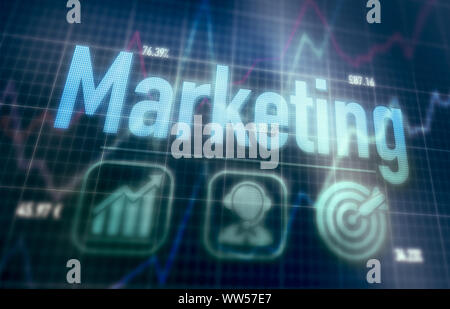 Marketing concept on a blue dot matrix computer display. Stock Photo