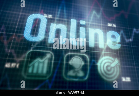 Online concept on a blue dot matrix computer display. Stock Photo