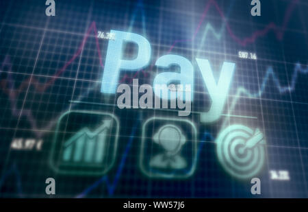 Pay concept on a blue dot matrix computer display. Stock Photo