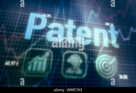 Patent concept on a blue dot matrix computer display. Stock Photo