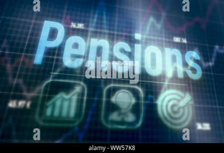 Pensions concept on a blue dot matrix computer display. Stock Photo