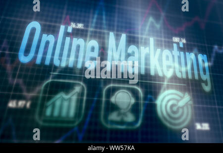 Online Marketing concept on a blue dot matrix computer display. Stock Photo