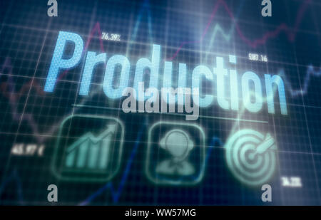 Production concept on a blue dot matrix computer display. Stock Photo