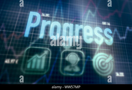Progress concept on a blue dot matrix computer display. Stock Photo