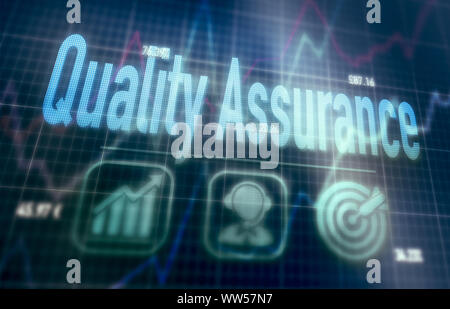 Quality Assurance concept on a blue dot matrix computer display. Stock Photo