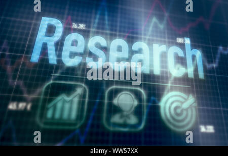 Research concept on a blue dot matrix computer display. Stock Photo