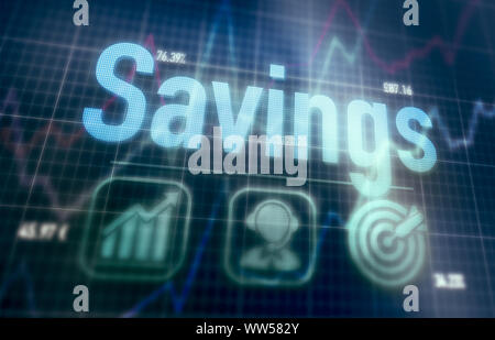 Savings concept on a blue dot matrix computer display. Stock Photo