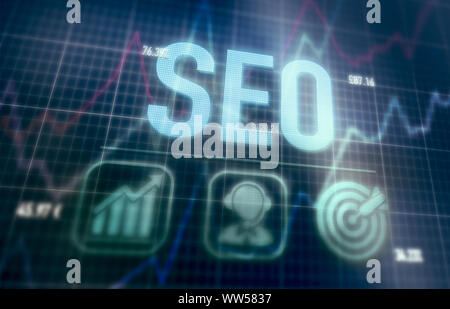 SEO concept on a blue dot matrix computer display. Stock Photo