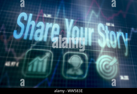 Share Your Story concept on a blue dot matrix computer display. Stock Photo