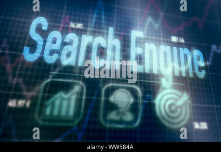 Search Engine concept on a blue dot matrix computer display. Stock Photo